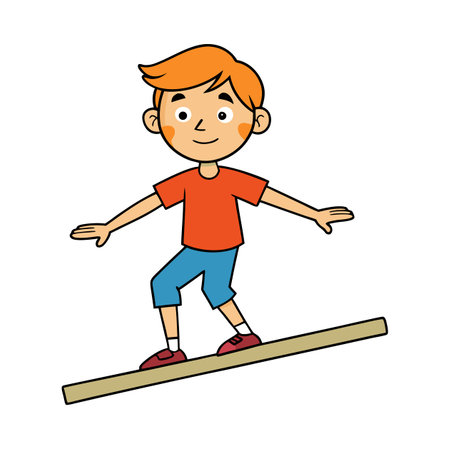 Cartoon boy balancing on a beam with arms outstretchedのイラスト素材