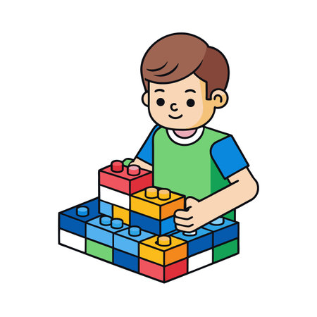 Boy building with colorful toy blocks in playful sceneのイラスト素材