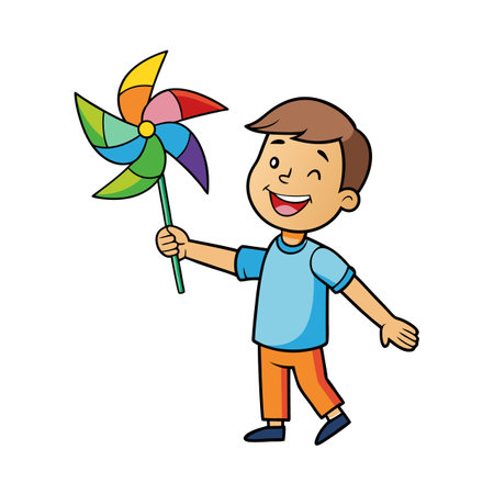 Cheerful cartoon boy with rainbow pinwheel, isolated on whiteのイラスト素材