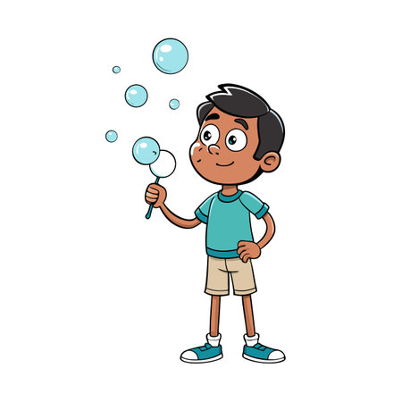 Boy blowing bubbles illustration in bright cartoon style designのイラスト素材