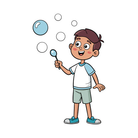 Boy blowing bubbles illustration happy childhood cartoonのイラスト素材
