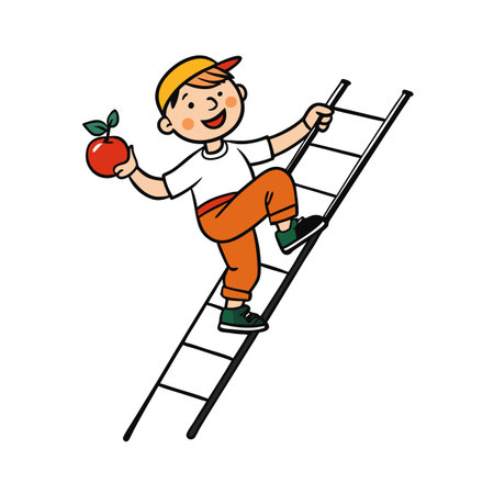 Boy climbs ladder holding apple in a cartoon styleのイラスト素材
