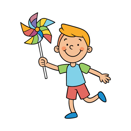 Cartoon boy happily playing with a colorful pinwheel toyのイラスト素材