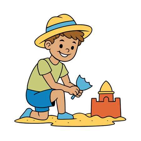Cartoon boy building sandcastle on beach with bucket toolのイラスト素材