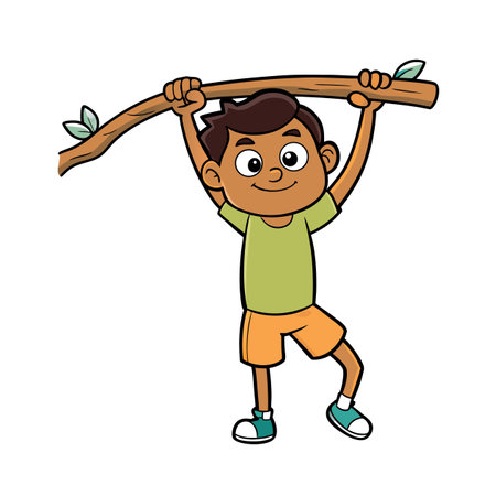 Cartoon boy swinging on a tree branch happily outdoorsのイラスト素材