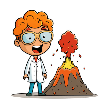 Cartoon scientist with erupting volcano model illustration for childrenのイラスト素材
