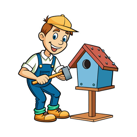 Cartoon man building a birdhouse with a hammer, smilingのイラスト素材