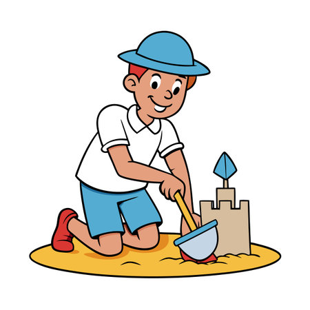 Boy building sandcastle on the beach with a shovelのイラスト素材
