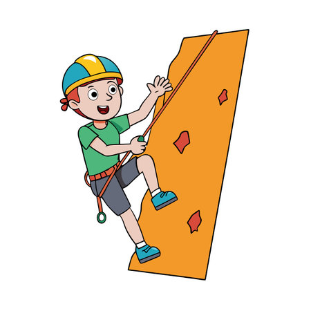 Cartoon boy climbing an orange rock wall with ropeのイラスト素材