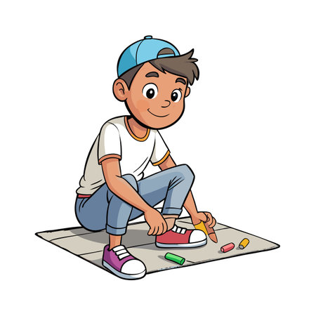Young boy drawing with sidewalk chalk on concrete groundのイラスト素材