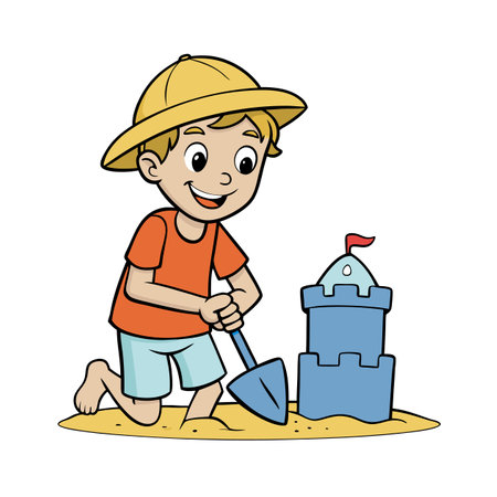Cartoon boy building a sandcastle at the beachのイラスト素材