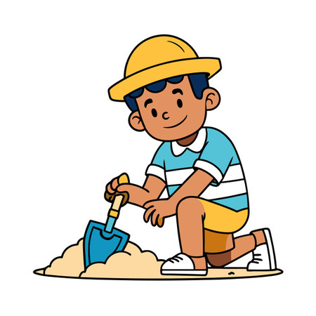 A young boy digging in the sand with a shovelのイラスト素材