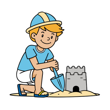 Cartoon boy builds a sandcastle at the beach with shovelのイラスト素材