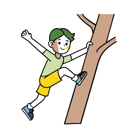 Child climbing tree enjoying outdoor adventure in cartoon styleのイラスト素材