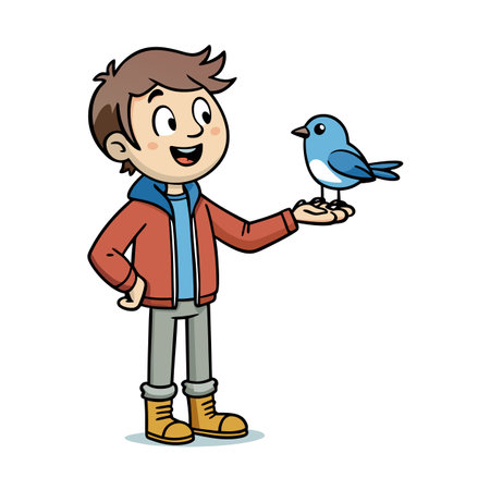 Cartoon boy with blue bird on hand illustrationのイラスト素材
