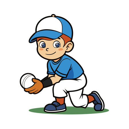 Cartoon baseball player catching a ball in a field