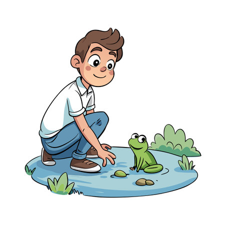 Boy interacting with cartoon frog in a small pondのイラスト素材