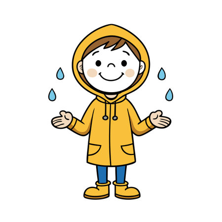 Cartoon boy enjoying a rainy day with raincoatのイラスト素材