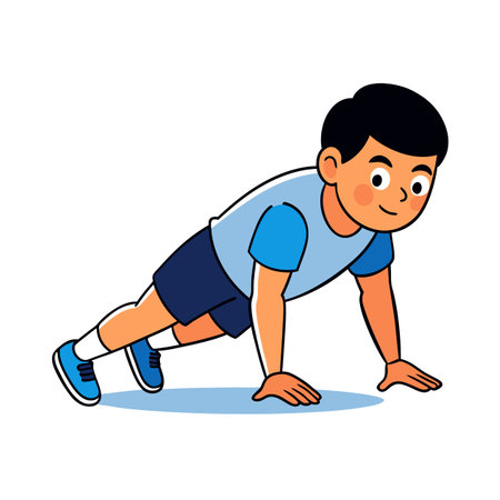 Cartoon boy doing push-ups exercise on white backgroundのイラスト素材