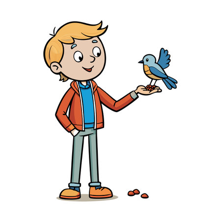 Cartoon boy holds bird friendly concept friendship illustrationのイラスト素材
