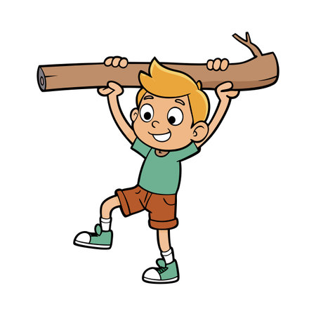 Happy cartoon boy lifting a large wooden log upwardsのイラスト素材