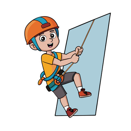 Enthusiastic cartoon boy rock climbing on a blue wallのイラスト素材