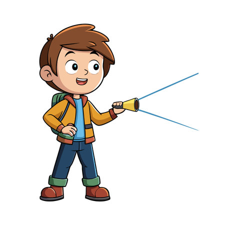 Cartoon boy with flashlight explores adventures in the darkのイラスト素材