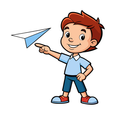 Boy with paper airplane launching for dreams and futureのイラスト素材