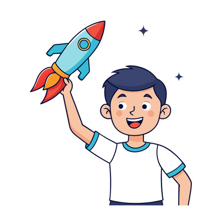 Boy holding cartoon rocket ship expressing joy and successのイラスト素材