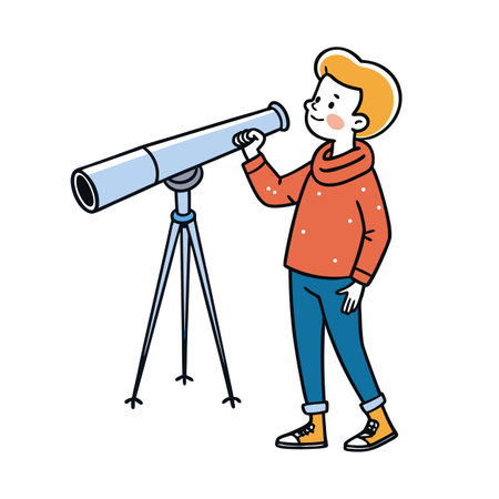 Cartoon boy looking through telescope observes the starsのイラスト素材