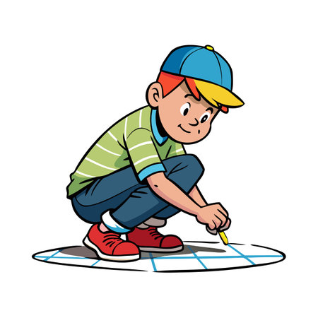 Child drawing on a grid surface with a crayonのイラスト素材
