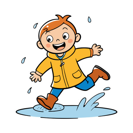 Happy young boy splashing in puddles on a rainy dayのイラスト素材