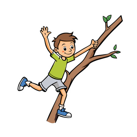 Cartoon boy climbing a tree trunk with joyous expressionのイラスト素材