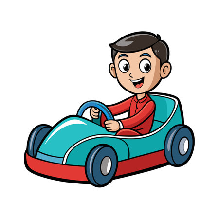 Cartoon boy driving a toy car with joyful expressionのイラスト素材