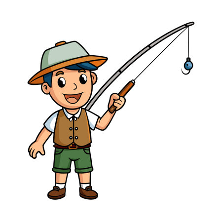 Cartoon boy fishing with a rod and reel illustrationのイラスト素材