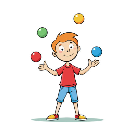 Cartoon boy juggling colorful balls on a white backgroundのイラスト素材