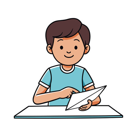 Young boy flying paper airplane indoors with simple illustration styleのイラスト素材