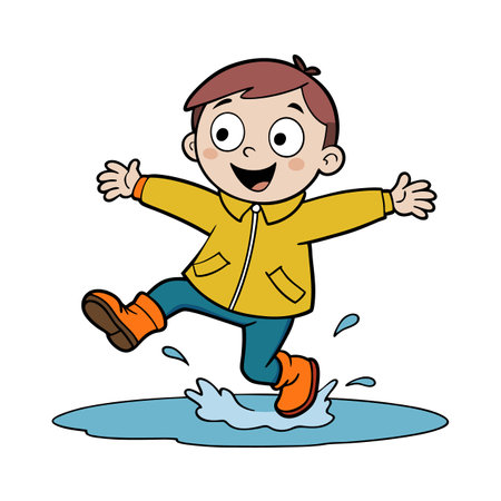 Joyful cartoon boy splashing happily in a puddleのイラスト素材