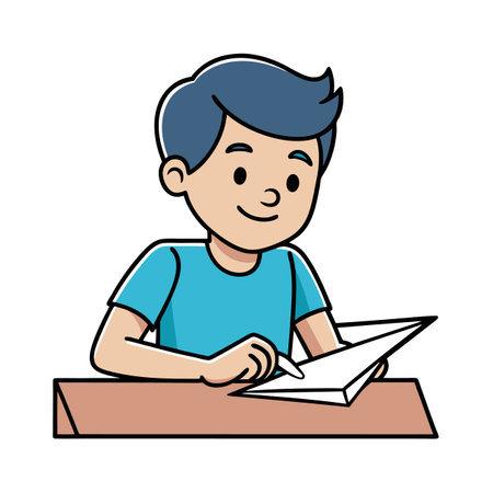 Young boy making paper airplane at his desk illustrationのイラスト素材
