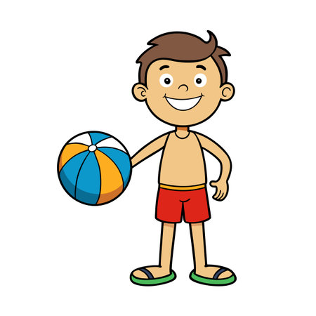 Happy cartoon boy on summer vacation with beach ballのイラスト素材
