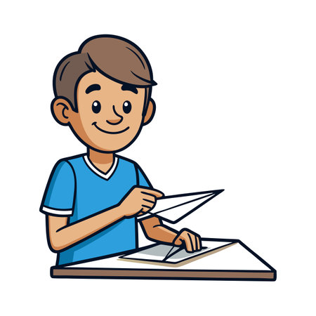 Cartoon boy folding paper airplane at desk concept imageのイラスト素材