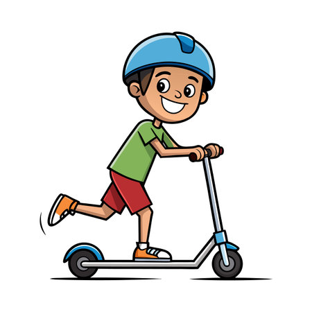 Cartoon boy riding scooter with helmet and happy faceのイラスト素材