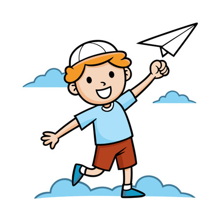Cartoon boy throwing a paper plane among the cloudsのイラスト素材