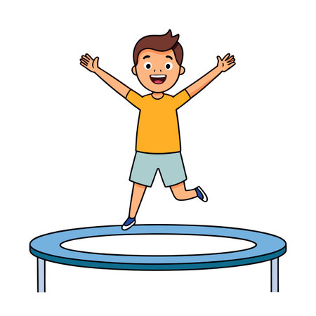 Cartoon boy happily jumping on a trampoline with arms raisedのイラスト素材