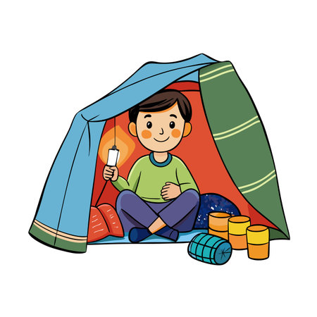 Illustration of a boy camping in a colorful tentのイラスト素材