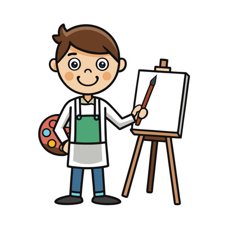 Cartoon artist with canvas art palette and paintbrushのイラスト素材