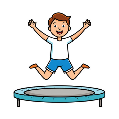 Cartoon boy jumping on trampoline illustration with cheerful expressionのイラスト素材