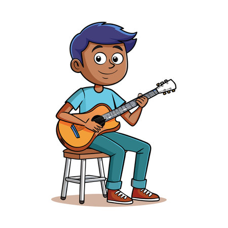 Cartoon boy playing acoustic guitar sitting on a stoolのイラスト素材
