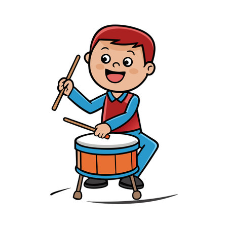 Cartoon boy happily plays a drum with drumsticksのイラスト素材