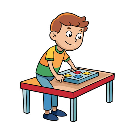 Cartoon boy plays with colorful blocks on table illustrationのイラスト素材